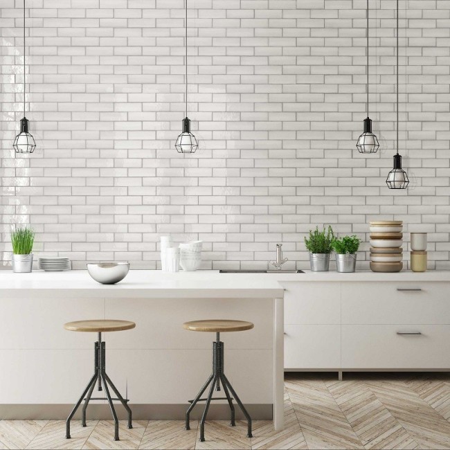 Babele White Lino 6.5x20cm Rectangular Gloss Porcelain Wall & Floor Tile