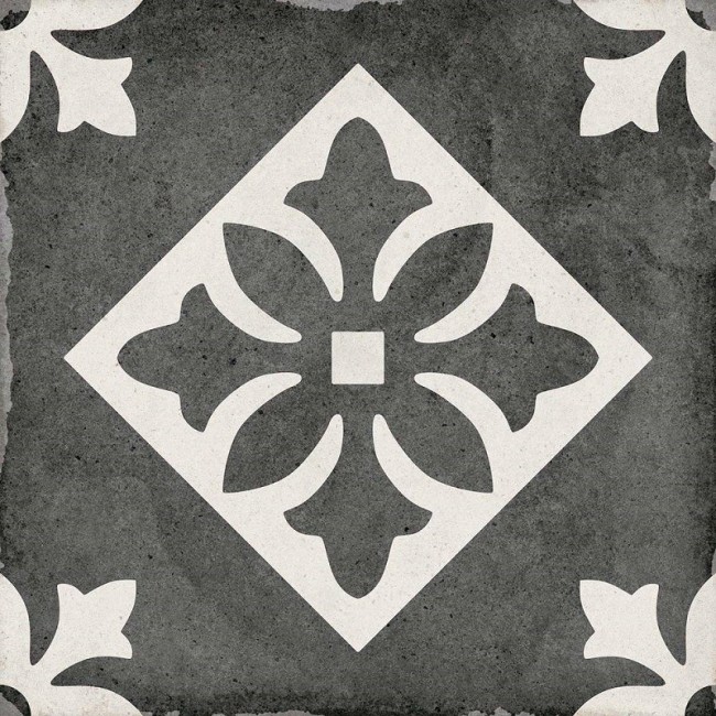 Art Nouveau Padua Black 20x20cm Square Patterned Matt Porcelain Wall & Floor Tile