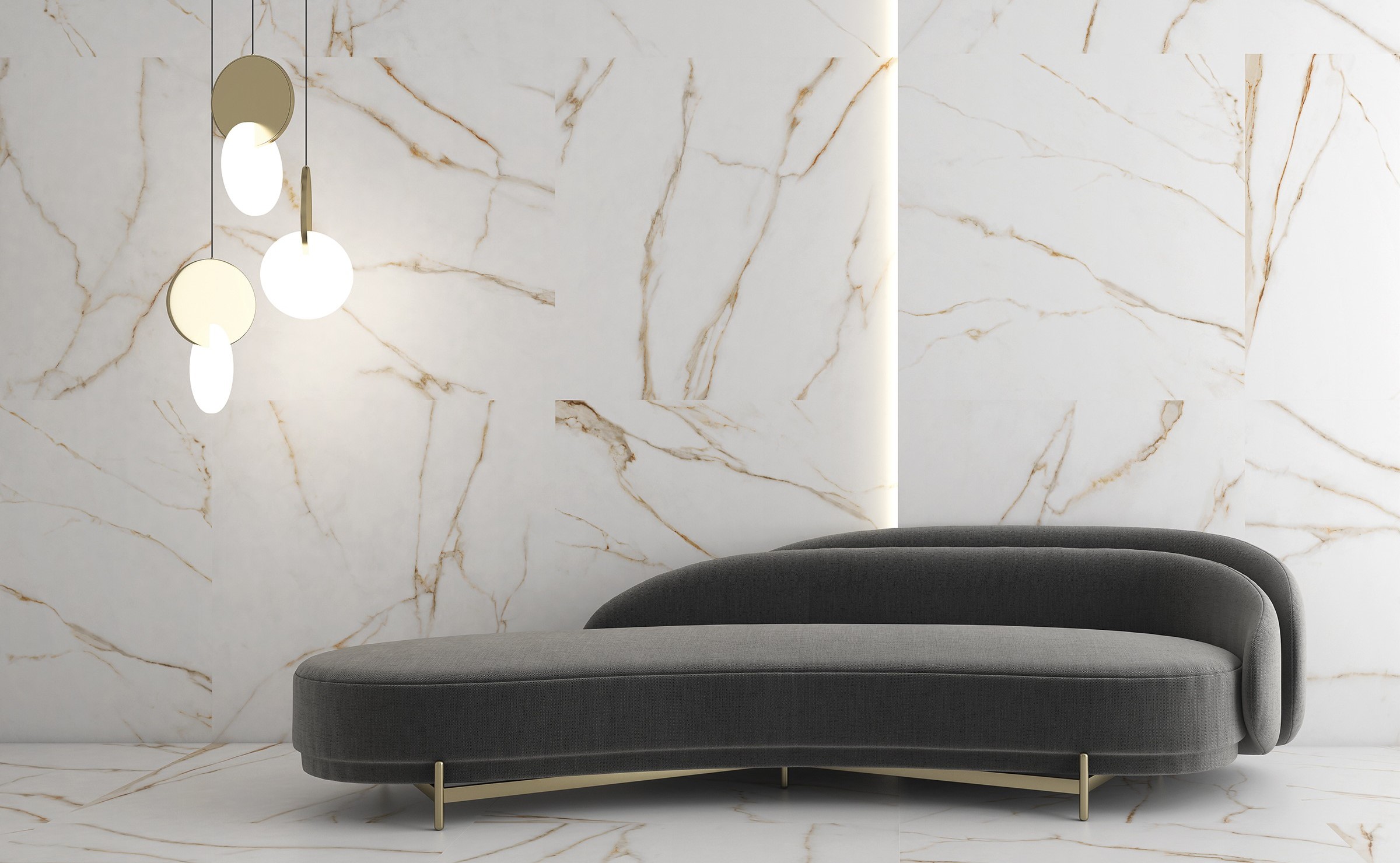 Modern lounge chair by marble wall.