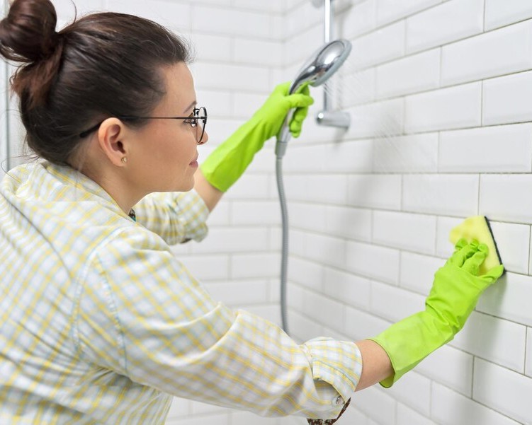 woman cleaning bathroom walls
